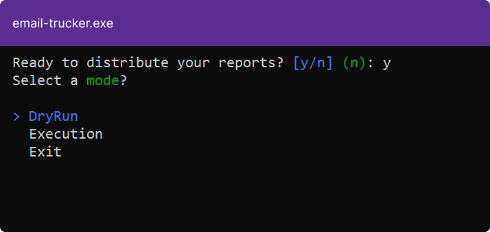The console window for email-trucker.exe presenting a mode selection list.